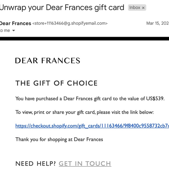 Dear Frances $500+ Gift Card - Picture 2 of 3